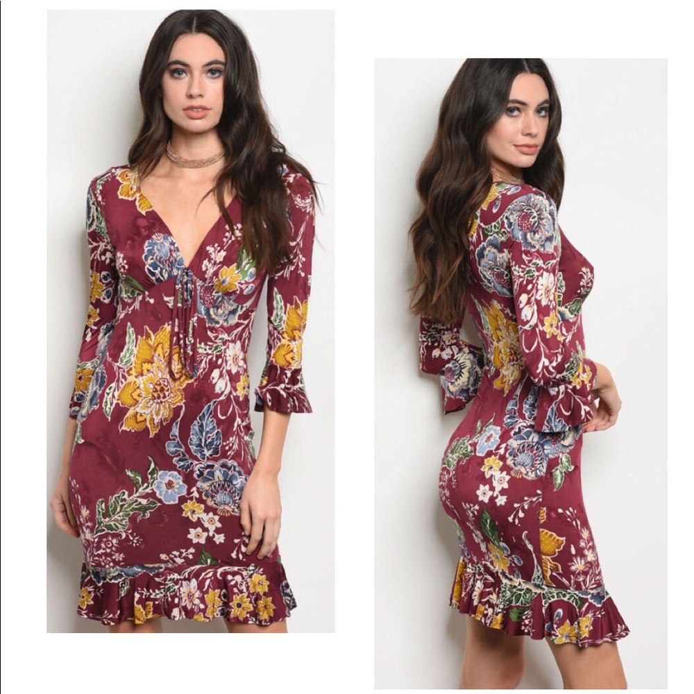 🥂Burgundy Floral Ruffle Dress 🤩 Sale